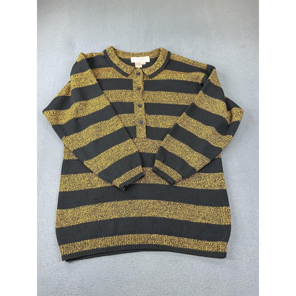 Gidding Jenny Sweater Womens M Black Striped Tunic Collared Button Ruffle